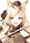  1girl absurdres animal_ears arknights bangs black_headwear blonde_hair blue_eyes chinese_commentary commentary_request highres long_hair looking_at_viewer open_mouth partial_commentary simple_background solo swept_bangs upper_body whislash_(arknights) white_background wuws 