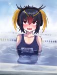  1girl black_hair blonde_hair blush breasts hemublue9 highres kemono_friends medium_breasts multicolored_hair name_tag one-piece_swimsuit open_mouth pool red_eyes redhead rockhopper_penguin_(kemono_friends) school_swimsuit sidelocks solo swimming swimsuit 