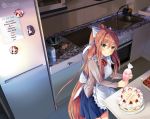  baking birthday_cake blue_skirt bow brown_hair cake dessert doki_doki_literature_club food fruit green_eyes grey_jacket hair_bow icing jacket monika_(doki_doki_literature_club) natsuki_(doki_doki_literature_club) neck_ribbon orange_sweater ponytail ribbon sayori_(doki_doki_literature_club) skirt slimymana strawberry sweater white_bow white_ribbon yuri_(doki_doki_literature_club) 