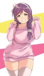  1girl braid clenched_teeth deyuuku green_eyes hairband hands_up long_sleeves looking_at_viewer love_live! love_live!_school_idol_project pink_sweater single_braid smile solo sweater teeth thigh-highs thighs toujou_nozomi white_hairband white_legwear 