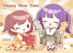  2024 2girls artist_name blue_hair brown_eyes brown_hair egasumi green_kimono hand_puppet happy_new_year highres hiryuu_(kancolle) japanese_clothes kantai_collection kimono long_hair long_sleeves multiple_girls nada_namie obi one_side_up orange_kimono osechi puppet sash short_hair signature socks souryuu_(kancolle) tabi twintails white_socks wide_sleeves zouri 