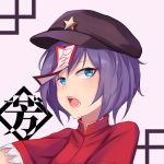  1girl blue_eyes blush brown_headwear commentary eyebrows_behind_hair eyelashes gold_trim highres jiangshi miyako_yoshika ofuda open_mouth outstretched_arms purple_hair red_shirt shirt short_hair short_sleeves simple_background solo star_(symbol) teeth touhou upper_body white_background yongzhe_mei_hong zombie_pose 