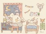  :&gt; apron bed black_eyes book clock clouds commentary_request curtains drawer gen_1_pokemon gen_7_pokemon indoors mian_(user_kwcj2833) moon night no_humans picture_(object) pikachu pokemon pokemon_(creature) signature sitting sleeping solid_oval_eyes star_(sky) stool substitute_(pokemon) togedemaru toy_train under_covers waist_apron watermark window zzz 