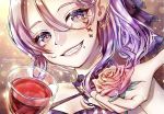  alcohol artist_name close-up cup drink drinking_glass fang fangs flower highres holding holding_drink holding_flower looking_at_viewer mymero original pink_flower pink_rose ponytail purple_hair purple_theme rose smile vampire violet_eyes wine wine_glass 