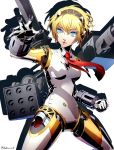 1girl aegis_(persona) android blonde_hair blue_eyes breasts datcravat fighting_stance gloves hair_between_eyes hairband highres joints mechanical_parts necktie parted_lips persona persona_3 robot robot_joints short_hair simple_background solo white_background white_gloves 