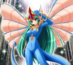  1girl ancient_fairy_dragon arm_up blue_bodysuit bodysuit breasts bunji collarbone commentary_request covered_nipples dragon_girl dragon_tail duel_monster gem green_hair head_fins impossible_bodysuit impossible_clothes insect_wings large_breasts long_hair personification red_eyes solo tail very_long_hair wings yu-gi-oh! 