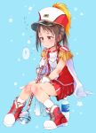  1girl bangs blue_background blush boots bottle brand_name_imitation brown_eyes brown_hair capelet closed_mouth commentary_request epaulettes full_body gloves gomennasai hat highres holding knees_together_feet_apart looking_away original pleated_skirt pocari_sweat red_footwear red_headwear red_shirt red_skirt shako_cap shirt sitting skirt sleeveless sleeveless_shirt socks solo sweat translation_request water_bottle wavy_mouth white_capelet white_gloves white_legwear 