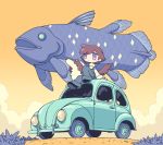  1girl black_footwear blush brown_hair car clouds cloudy_sky dog fish ground_vehicle long_sleeves motor_vehicle no_nose original outdoors plant shoes short_hair sky solo surreal violet_eyes yamori_511 yellow_sky 