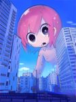  1girl black_eyes blue_sky building clouds dripping giantess no_nose original outdoors pink_hair short_hair sky solo terada_tera tree 