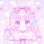  1girl :o animal_ears bangs bare_shoulders blue_bow blush bow braid commentary_request crown diagonal_stripes eyebrows_visible_through_hair frilled_bow frills hair_bow hands_up himetsuki_luna long_hair looking_at_viewer mini_crown original parted_lips pennant pink_bow pink_hair polka_dot purple_background purple_hair rabbit_ears signature solo string string_of_fate striped upper_body vertical_stripes wrist_cuffs yellow_bow 