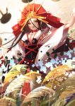  1girl bangs bead_necklace beads black_hair breasts detached_sleeves facial_mark faicha fate/grand_order fate_(series) field headpiece himiko_(fate) japanese_clothes jewelry kimono large_breasts long_hair necklace parted_bangs red_eyes solo wheat wheat_field white_kimono wide_sleeves 