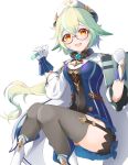  1girl absurdres beret blue_dress book boots cape detached_sleeves dress fur_trim genshin_impact glasses gloves gold_trim green_hair hat highres hinataa looking_at_viewer multicolored_hair ponytail shorts shorts_under_skirt smile sucrose_(genshin_impact) thigh-highs vial yellow_eyes 