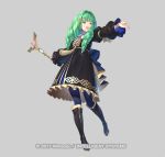  1girl :d bangs black_dress black_footwear blue_legwear boots dress eyebrows_behind_hair fire_emblem fire_emblem:_three_houses flayn_(fire_emblem) frilled_dress frills full_body green_eyes green_hair grey_background hair_ornament holding holding_staff knee_boots kousei_horiguchi long_hair long_sleeves looking_away official_art open_mouth outstretched_arm pantyhose puffy_long_sleeves puffy_sleeves simple_background sleeves_past_wrists smile solo staff standing standing_on_one_leg watermark 