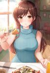  1girl :t absurdres bangs bare_arms bare_shoulders blush breasts brown_eyes brown_hair cake closed_mouth collarbone commentary_request earrings eating eyebrows_visible_through_hair feeding food fork glass highres holding holding_fork incoming_food indoors jewelry kanojo_okarishimasu knife large_breasts long_hair looking_at_viewer mizuhara_chizuru one_side_up plate pout pov_across_table restaurant sitting sleeveless sleeveless_turtleneck solo sweater table triangle_earrings turtleneck window wooden_floor yukiunag1 