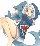  1girl :d animal_hood bare_legs barefoot blue_eyes blue_hair blue_hoodie blush commentary_request drawstring gawr_gura hololive hololive_english hood hood_up hoodie kildir knees_together_feet_apart long_sleeves looking_at_viewer multicolored_hair object_hug open_mouth outstretched_arms shark_hood shark_tail sharp_teeth silver_hair simple_background sleeves_past_wrists smile solo streaked_hair stuffed_animal stuffed_shark stuffed_toy tail teeth virtual_youtuber white_background 
