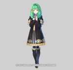  1girl bangs black_dress black_footwear blue_legwear boots clenched_hands closed_mouth commentary_request dress eyebrows_behind_hair fire_emblem fire_emblem:_three_houses flayn_(fire_emblem) frilled_dress frills full_body green_eyes green_hair grey_background hair_ornament knee_boots kousei_horiguchi long_hair long_sleeves looking_at_viewer official_art pantyhose puffy_long_sleeves puffy_sleeves simple_background sleeves_past_wrists smile solo standing watermark 