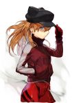  1girl blue_eyes bodysuit evangelion:_3.0_you_can_(not)_redo expressionless feet_out_of_frame from_side gloves hand_in_pocket hat hncl holding holding_clothes holding_hat jacket medium_hair neon_genesis_evangelion plugsuit rebuild_of_evangelion red_bodysuit red_gloves red_jacket redhead shaded_face shikinami_asuka_langley solo souryuu_asuka_langley white_background 