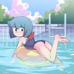  1girl ass blue_hair blurry blurry_background blush bow constanze_amalie_von_braunschbank-albrechtsberger day hair_bow highres innertube ladder little_witch_academia orange_peel_(artist) outdoors pool school_swimsuit sky solid_eyes solo swimsuit water 