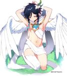  1boy bangs black_hair blue_hair braid closed_eyes commentary english_commentary feathered_wings flower genshin_impact gradient_hair grass hair_flower hair_ornament instanttnoodle male_focus multicolored_hair navel official_alternate_costume short_hair_with_long_locks single_thighhigh solo thigh-highs twin_braids venti_(genshin_impact) white_background white_flower white_wings wings 