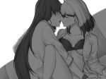  2girls black_hair bra closed_eyes earrings inago_akira jewelry jouhou kiss long_hair multiple_girls open_clothes open_shirt satsuki_yomi simple_background sweat toji_no_miko underwear white_background white_hair yuri 