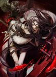  bare_shoulders bird black_hair blood crow guilty_gear kyo_niku long_hair midriff nail_polish red_eyes scythe testament_(guilty_gear) thigh_strap 