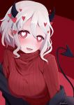  1girl black_horns black_jacket black_suit blush breasts commentary demon_girl demon_horns demon_tail fang hair_between_eyes heart heart-shaped_pupils helltaker highres horns jacket large_breasts long_sleeves looking_at_viewer medium_hair modeus_(helltaker) off-shoulder_jacket red_background red_eyes red_sweater ribbed_sweater shiroishi_joya solo sweater symbol-shaped_pupils tail turtleneck two-tone_background white_hair 
