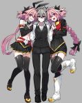  3boys :d animal_ears astolfo_(fate) astolfo_(saber)_(fate) black_legwear black_pants black_skirt black_vest blush bow braid braided_ponytail commentary_request dual_persona fake_animal_ears fang fate/apocrypha fate/grand_order fate_(series) full_body grey_hair grin hair_bow haoro highres long_hair male_focus midriff multiple_boys navel open_mouth otoko_no_ko pants pink_hair rabbit_ears red_eyes shirt short_hair sieg_(fate/apocrypha) single_braid skin_fang skirt smile standing thigh-highs vest white_footwear white_shirt 