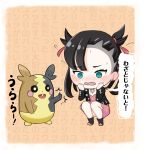  1girl @_@ asymmetrical_bangs bangs black_hair black_jacket blush chibi commentary_request dress earrings gen_8_pokemon green_eyes hair_ribbon hands_on_own_cheeks hands_on_own_face jacket jewelry long_sleeves marnie_(pokemon) morpeko morpeko_(full) open_clothes open_mouth pan_korokorokoro pink_dress pokemon pokemon_(creature) pokemon_(game) pokemon_swsh red_ribbon ribbon squatting translation_request wavy_mouth 