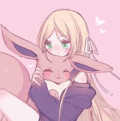  1girl black_shirt blonde_hair blush clarevoir closed_eyes eevee gen_1_pokemon green_eyes hair_ribbon half-closed_eyes hands_up happy heart hug long_hair long_sleeves looking_at_another looking_down lowres nose_blush off_shoulder open_mouth original pink_background pokemon pokemon_(creature) ribbon shirt simple_background sitting smile white_ribbon 