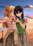 2girls absurdres aihara_mei aihara_yuzu armband bangs black_hair black_neckwear blonde_hair bow bowtie braid brown_skirt brown_sweater buttons citrus_(saburouta) clothes_around_waist clouds earrings fingernails green_eyes green_shirt green_sweater_vest hair_between_eyes hand_on_another&#039;s_back hand_on_another&#039;s_shoulder highres hoop_earrings jewelry long_hair multiple_girls necktie open_mouth outdoors pink_nails pink_shirt plaid plaid_skirt power_lines red_neckwear school_uniform shirt skirt sky step-siblings sweater sweater_around_waist sweater_vest sweet_reverie utility_pole violet_eyes