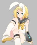  1girl aqua_eyes bare_shoulders blonde_hair bow commentary garter_straps garters hair_bow hair_ornament hairclip highres kagamine_rin kagamine_rin_(vocaloid4) leg_warmers looking_at_viewer number_tattoo pale_skin sailor_collar serious shirt short_hair shorts shoulder_tattoo sitting sleeveless sleeveless_shirt solo suyamada tattoo vocaloid white_shorts yellow_nails 