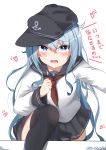  1girl absurdres anchor_symbol black_headwear black_legwear black_sailor_collar black_skirt blue_eyes blush dated dreamusun eyebrows_visible_through_hair flat_cap hair_between_eyes hat heart hibiki_(kantai_collection) highres kantai_collection long_hair long_sleeves neckerchief open_mouth pleated_skirt red_neckwear sailor_collar school_uniform serafuku signature silver_hair simple_background skirt solo thigh-highs white_background 