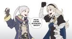  2girls absurdres armor cape corrin_(fire_emblem) corrin_(fire_emblem)_(female) english_text fire_emblem fire_emblem_awakening fire_emblem_fates francisco_mon gloves hair_between_eyes hairband highres hood long_hair long_sleeves multiple_girls open_mouth pointy_ears red_eyes robe robin_(fire_emblem) robin_(fire_emblem)_(female) rock_paper_scissors short_hair smile twintails white_hair 