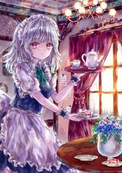  1girl absurdres apron blue_dress blue_flower braid breasts cake cake_slice chandelier commentary_request cup dress expressionless eyebrows_visible_through_hair flower food frilled_cuffs fruit green_neckwear green_ribbon highres holding holding_plate holding_tray indoors izayoi_sakuya looking_at_viewer maid maid_apron maid_headdress medium_breasts medium_hair neck_ribbon parted_lips plant plate potted_plant puffy_short_sleeves puffy_sleeves red_curtains red_eyes ribbon short_sleeves silver_hair single_braid solo standing strawberry suzushina table teacup teapot touhou tray window 