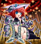  1girl blue_eyes bunji chimeratech_fortress_dragon commentary_request dragon_girl duel_monster electricity flat_chest headgear mecha_musume personification redhead sitting solo yu-gi-oh! 