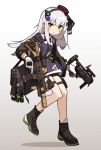  1girl amonitto assault_rifle blush boots commentary_request dual_wielding full_body girls_frontline gloves gradient gradient_background green_eyes grey_background grey_hair gun h&amp;k_hk416 hair_ornament hk416_(girls_frontline) holding jacket long_hair looking_at_viewer m320 mod3_(girls_frontline) pouch rifle solo standing standing_on_one_leg weapon white_gloves 