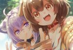  2girls :3 :d ahoge animal_ears braid brown_eyes brown_hair bubble_tea cat_ears collar commentary_request dog_ears drinking drinking_straw highres hololive inugami_korone long_hair looking_at_viewer multiple_girls nekomata_okayu open_mouth ponono purple_hair smile twin_braids upper_body v violet_eyes 