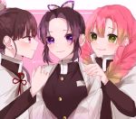  3girls black_hair gradient_hair green_eyes green_hair kanroji_mitsuri kimetsu_no_yaiba kochou_shinobu light_blush looking_at_another looking_at_viewer mii_(user_pjsy4752) multicolored_hair multiple_girls pink_eyes pink_hair purple_hair smile tsuyuri_kanao violet_eyes 