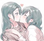  2girls absurdres aqua_hair aran_sweater bang_dream! bangs blush bow braid brown_sweater closed_eyes closed_mouth commentary_request face-to-face facing_another fingernails from_side green_eyes grey_background hair_behind_ear hair_bow hand_on_another&#039;s_shoulder hand_up heart highres hikawa_hina hikawa_sayo imminent_kiss incest korean_commentary long_hair long_sleeves looking_at_another medium_hair multiple_girls profile shirt siblings side_braid simple_background sisters sweater swept_bangs twincest twins upper_body white_shirt yellow_bow yuri zihacheol 
