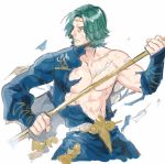  1boy abs beard circlet closed_mouth facial_hair fire_emblem fire_emblem:_three_houses fire_emblem_heroes green_hair highres holding holding_weapon looking_afar male_focus nipples nitako polearm seteth_(fire_emblem) simple_background solo torn_clothes upper_body weapon white_background 