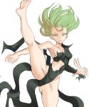  1girl bare_arms bare_shoulders barefoot black_dress breasts covered_navel dress floating_hair green_eyes green_hair highres long_sleeves medium_breasts one-punch_man parted_lips rakeem_garcia-cueto simple_background smile solo split standing standing_on_one_leg standing_split tatsumaki torn_clothes torn_dress white_background 