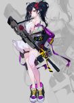  1girl ahoge backpack bag bangs black_hair breasts dress expressionless eyelashes gloves grandia_lee gun hair_ribbon highres jacket_over_shoulder looking_at_viewer medium_breasts no_bra original panties pink_legwear pouch red_eyes red_gloves red_ribbon ribbon rifle see-through_sleeves shoes sideboob single_thighhigh skirt sneakers sniper_rifle sniper_scope thigh-highs thigh_strap twintails underwear weapon white_dress white_panties zoom_layer 