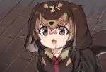  1girl :3 animal_ears brown_eyes brown_hair brown_shirt collared_shirt commentary_request dachshund_(kemono_friends)_(nyifu) dog_ears dog_girl dog_tail dog_treat drooling eyebrows_visible_through_hair fang kemono_friends light_brown_hair multicolored_hair necktie nyifu open_mouth original red_neckwear shirt short_hair short_sleeves solo tail two-tone_hair 