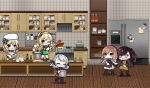  5girls alternate_costume apron bangs black_ribbon blonde_hair bottle bowl bread bread_slice brown_hair cabinet chibi cigar cooking cupboard egg english_commentary faucet fire flipping_food food frying_pan fur_hat girls_frontline glass_bottle green_eyes hair_ornament hair_ribbon hairband hat holding indoors jacket jar knife lid long_hair long_sleeves m1903_springfield_(girls_frontline) messy_hair multiple_girls nagant_revolver_(girls_frontline) necktie one_side_up open_mouth oven plate pot purple_hair red_eyes refrigerator ribbon s.a.t.8_(girls_frontline) shelf shirt short_hair sidelocks silver_hair sink smile sparkling_eyes spas-12_(girls_frontline) spatula spoon stove sunglasses the_mad_mimic thompson_(girls_frontline) tile_wall tiles toaster ventilation_shaft very_long_hair wa2000_(girls_frontline) whisk white_headwear white_jacket white_shirt wooden_floor 