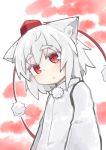  1girl absurdres animal_ear_fluff animal_ears bangs blush closed_mouth eyebrows_visible_through_hair hat head_tilt highres inubashiri_momiji jacket kibisake looking_at_viewer mini_hat red_eyes red_headwear silver_hair solo thick_eyebrows tokin_hat touhou upper_body white_background white_jacket wolf_ears 