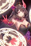  absurdres breasts brown_hair crown demon_girl demon_horns dress gloves grand_summoners hand_up highres horns juno(grand_summoners) knights_of_blood large_breasts magic_circle magical_girl red_eyes 