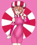  candy closed_eyes detached_sleeves doki_doki_literature_club dress food gnyrkd hat pink_dress pink_hair sayori_(doki_doki_literature_club) smile v 