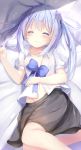  1girl ^_^ bangs bed_sheet black_skirt blue_bow blue_hair blush bow breasts closed_eyes closed_mouth commentary_request eyebrows_visible_through_hair facing_viewer feet_out_of_frame gochuumon_wa_usagi_desu_ka? groin hair_ornament hand_up highres kafuu_chino long_hair na!?_(naxtuyasai) navel pillow puffy_short_sleeves puffy_sleeves shirt short_sleeves skirt small_breasts smile solo twintails very_long_hair white_shirt x_hair_ornament 