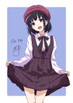  1girl :d beret black_hair black_neckwear blue_eyes bow bowtie collar collared_shirt dated dress dress_lift hat head_tilt highres looking_at_viewer mole mole_under_mouth nii_manabu open_mouth original pleated_dress purple_dress shirt short_hair signature simple_background smile solo white_shirt 