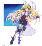  1girl blaster_master_zero blaster_master_zero_2 blonde_hair blue_eyes bodysuit covered_navel eve_(blaster_master_zero) floating green_eyes heterochromia highres long_hair oomasa_teikoku open_hand open_mouth skin_tight solo 